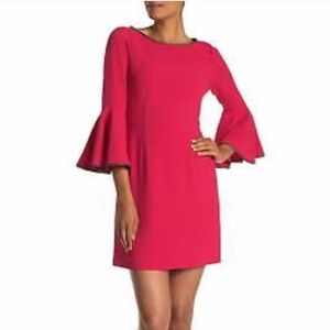 Trina Turk Bromely Sheath Cocktail Fuchsia Pink Dress‎ Bell Sleeves Jeweled 2